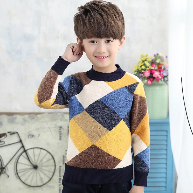 

INS hot Boys and Girls sweater 4-13 years old Plus velvet thick winter warm sweater children's clothing Geometric stitching