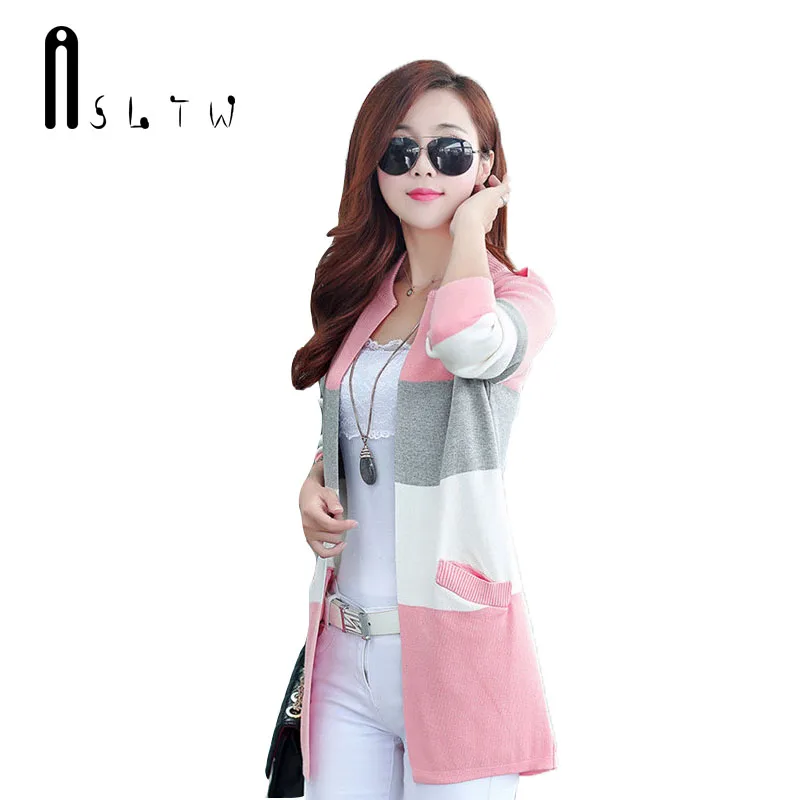 Женский Длинный трикотажный кардиган ASLTW тонкий свитер в цветную полоску с