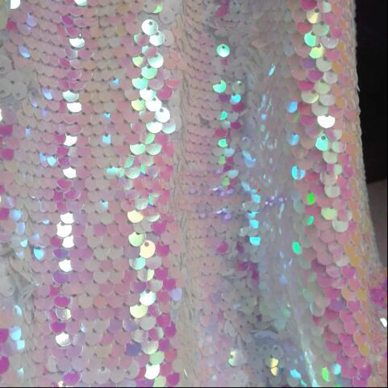 Хорошая широкая 128 см Радужная белая блестящая сетчатая ткань в виде рыбьей чешуи