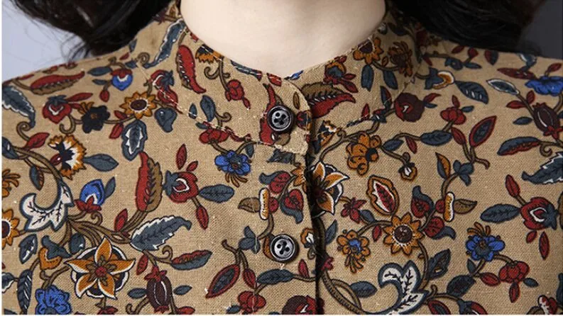 С длинным рукавом из хлопка и льна, винтажное цветочное женское повседневное свободное мини-платье на осень и весну, элегантная одежда vestidos, платья