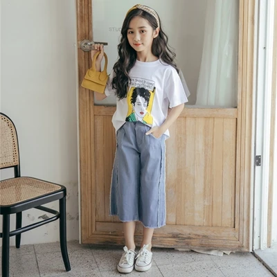 Tees and Pants Set Для девочек, комплекты, детские костюмы для Одежда для девочек Повседневное летние детские футболки с персонажами из мультфильмов футболки для девочек из хлопка+ джинсы укороченные джинсовые штаны свободного кроя - Цвет: Tees and Pants Set