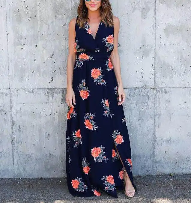 Повседневное без рукавов Цветочный принт Глубокий V Средства ухода за кожей шеи