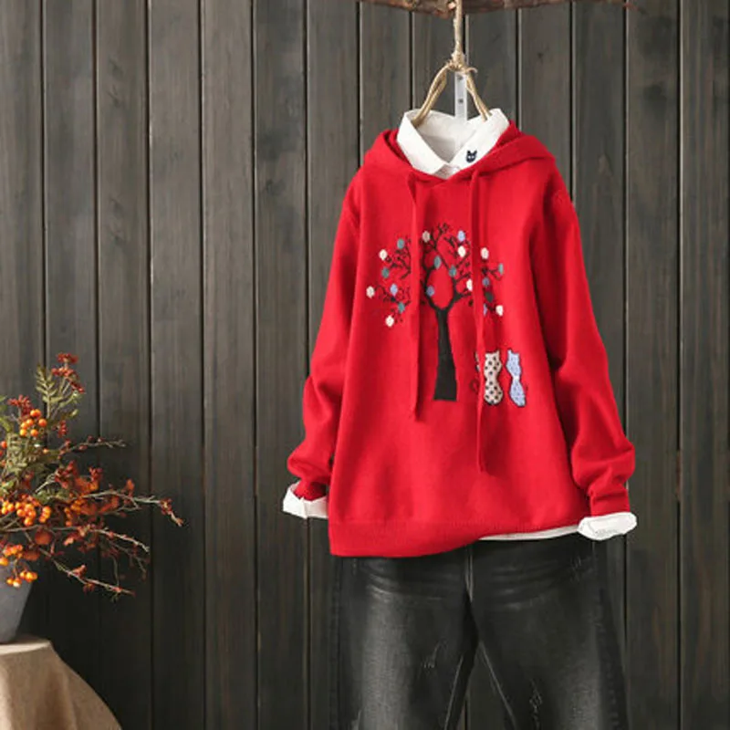 Женские милые жаккардовые пуловеры с рисунком кошек и деревьев топы длинным