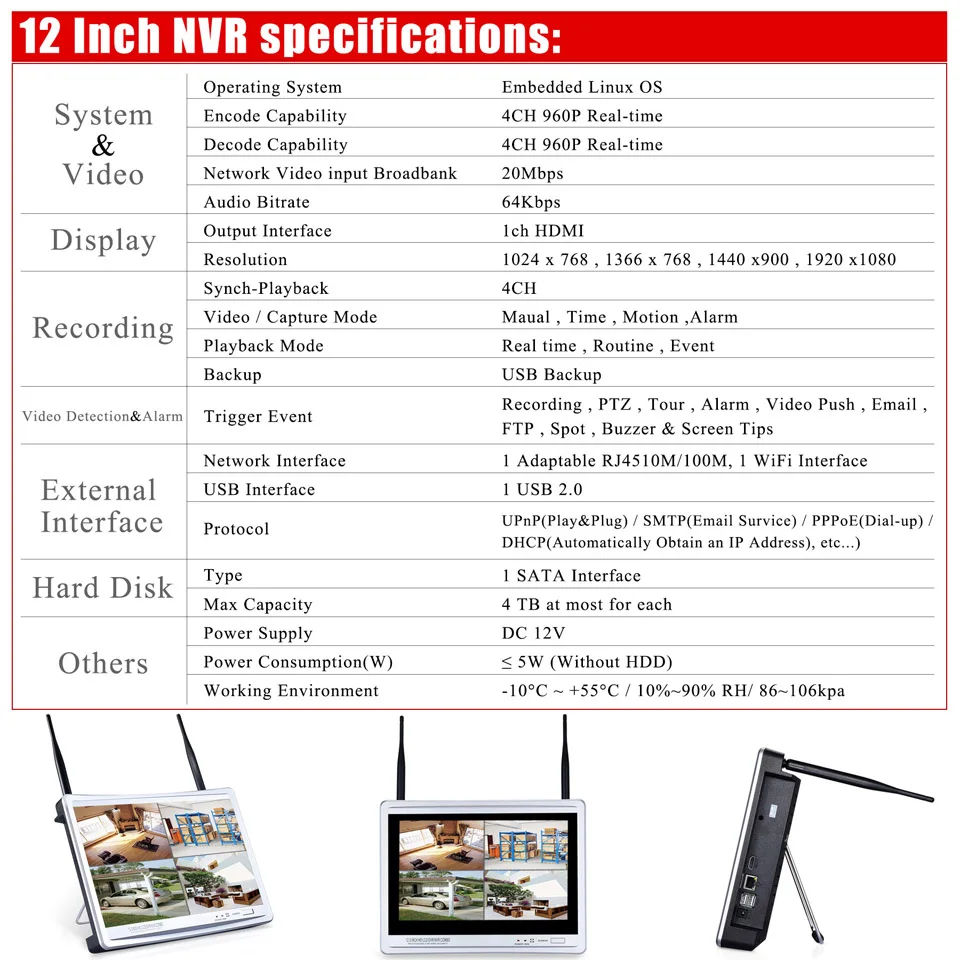 ANRAN P2P 4CH WI-FI NVR 12 дюймов ЖК-дисплей монитор 36 ИК Водонепроницаемый видеонаблюдения