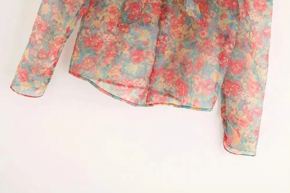Women Blouse Sexy Transparent Floral Print Organza Shirt 2019 Summer Bow Tied Collar Long Sleeve Slim Blusas Feminine Tops | Женская