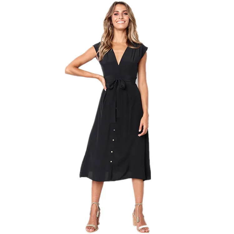 

Summer 2021 Polyester Sexy V-collar, Bare Back, Tied Button Dress For Women