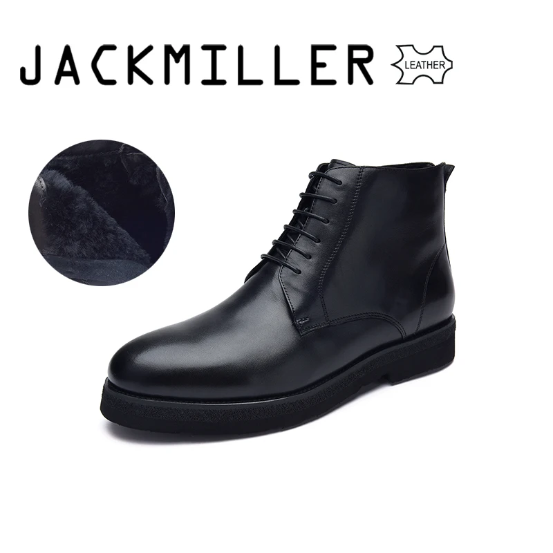 Jackmiller/Лидирующий бренд, зимние мужские ботинки из телячьей кожи, шерсть, теплые кожаные ботильоны на шнуровке для мужчин, черные модные ботинки, размер 40-44 - Цвет: BLACK