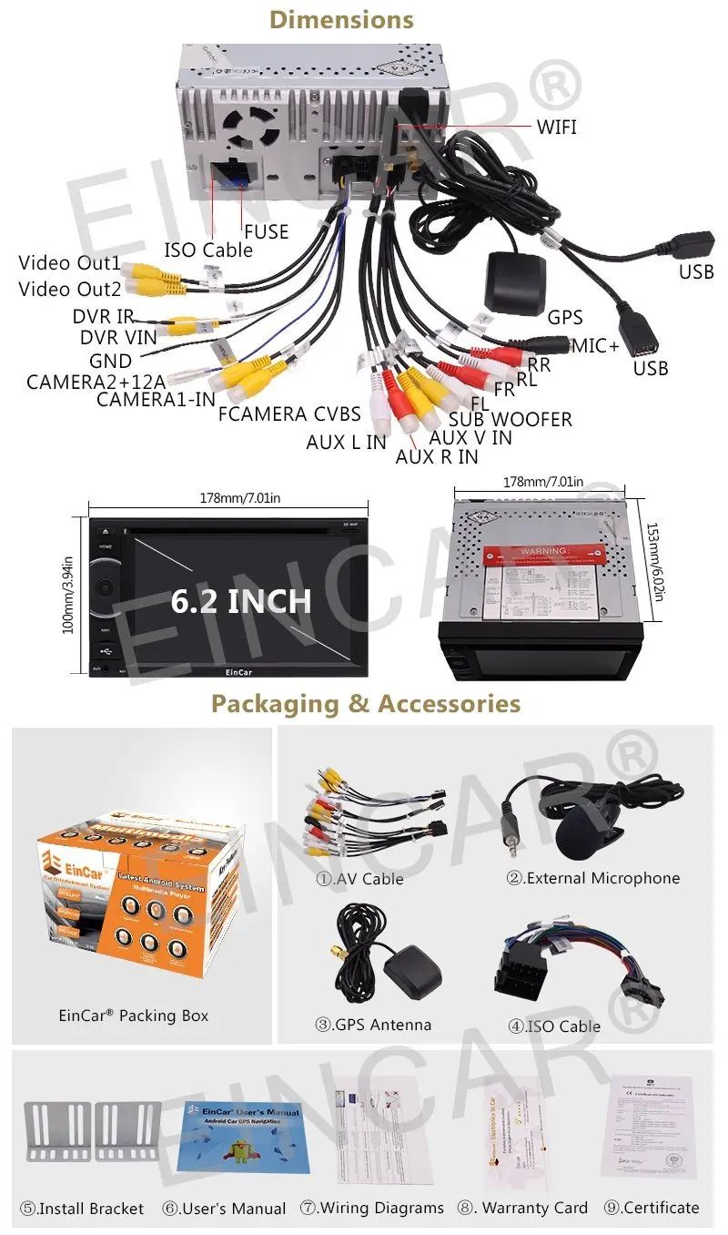 Android6.0 автомобильный Радио четырехъядерный двойной Din 6 2 ''в тире Авторадио