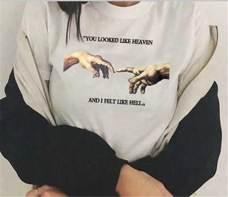 Женские футболки YELITE черные летние с надписью You Look Like Heaven and I Feel Hell Michaelangelo the Last