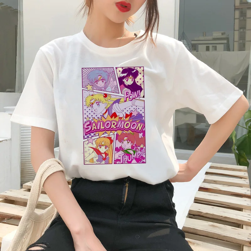 Сейлор Мун летняя модная футболка Женская Harajuku Веселая футболка милый кот футболка Мультфильм Ulzzang футболки kawaii одежда