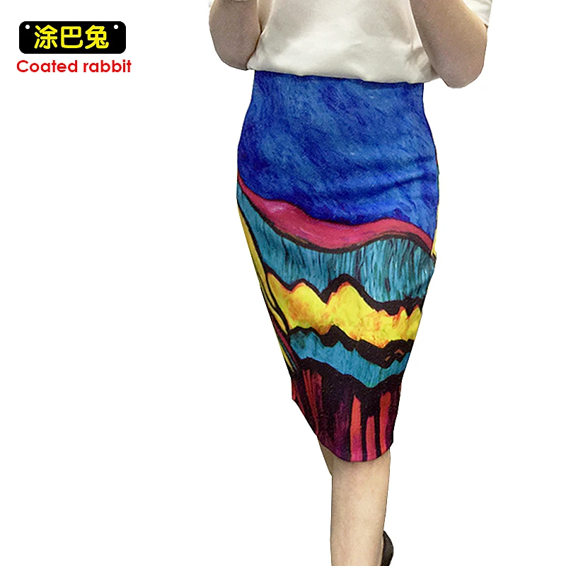 Женская юбка карандаш с принтом Ван Гога летняя эластичная до колен масляной