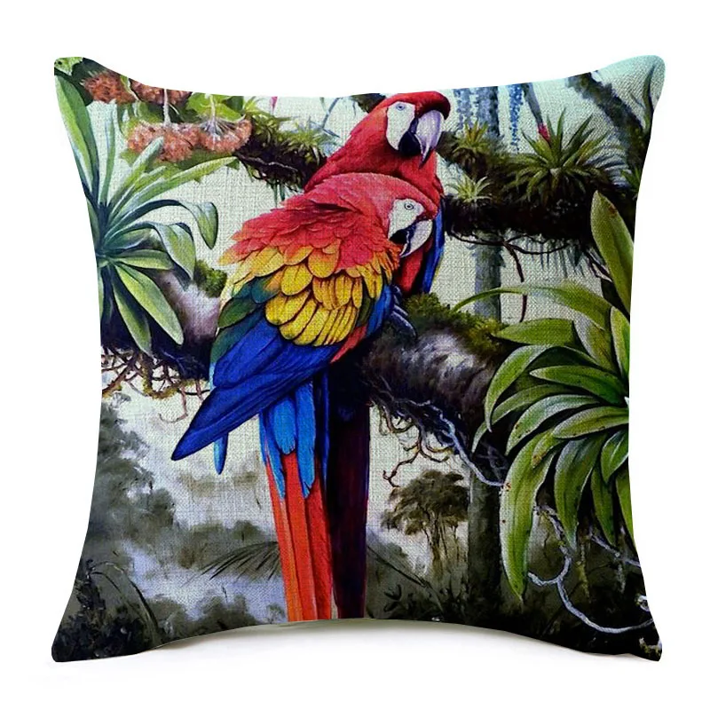 3D стерео попугай Искусственное перо Тропическое дерево льняная бежевая Подушка