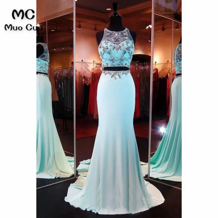 

Two Pieces Gown 2018 Illusion Mermaid Prom Dresses Long with Crystals Beaded Chiffon Blue Formal Evening Party Dress