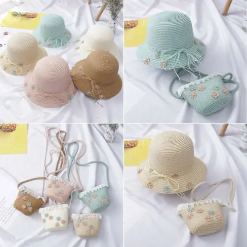 2pcs Girl Kids Beach Bucket Breathable Cap Straw Sun Hat+Shoulder Handbag Bag Size 3-8Y | Детская одежда и обувь