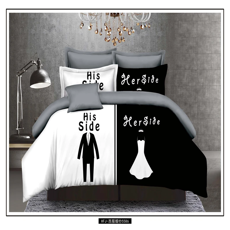 Черно белые комплекты постельного белья He and she полный размер двойная кровать 4 шт.