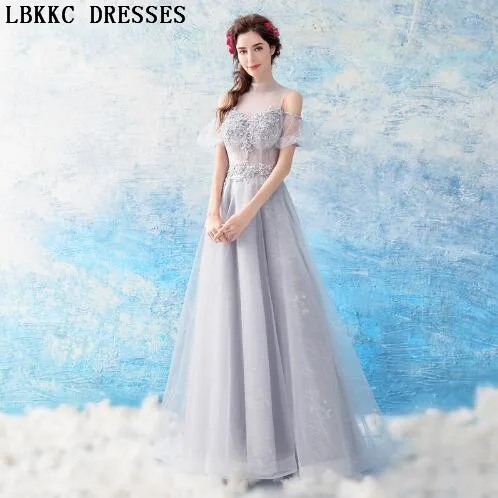 Серый Вечерние платья Топ See Through Кружево Аппликации линии Vestiti Eleganti Donna Cerimonia Sera