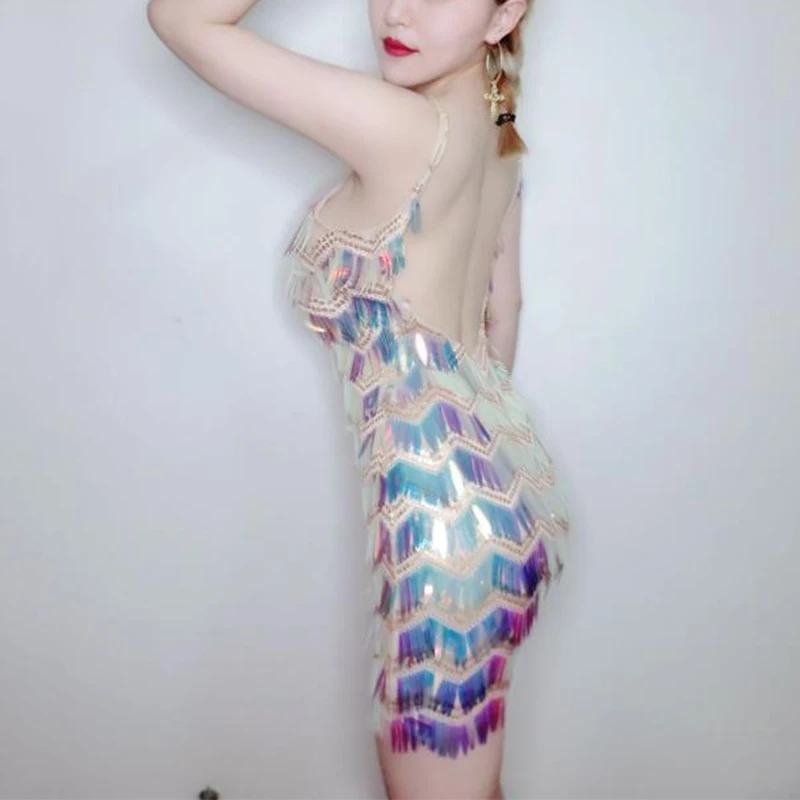 Сексуальный танцевальный костюм с блестками женское Сверкающее платье открытой