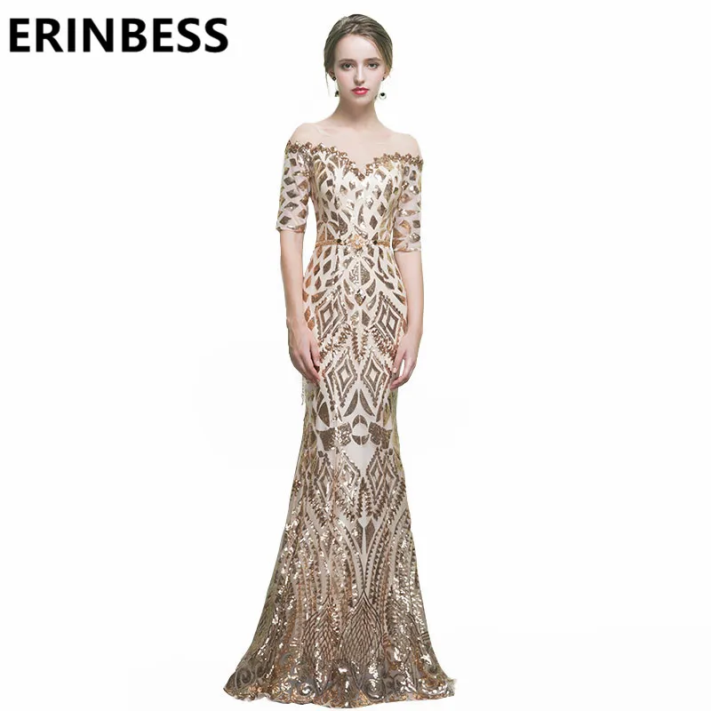 Vestido de festa с вырезом Лодочка пикантное Золотое вечерние платья пайетками