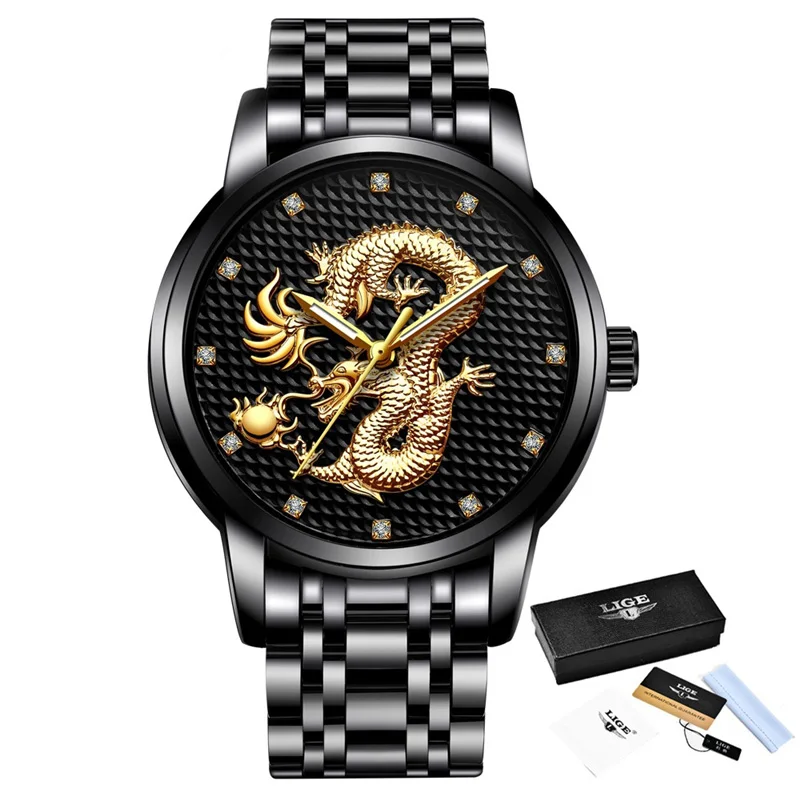 Full black S Relogio masculino, оригинальные мужские часы LIGE s, Лидирующий бренд, Роскошные Кварцевые часы с золотым Драконом и скульптурой, мужские полностью Стальные наручные часы+ коробка - Цвет: Full black S