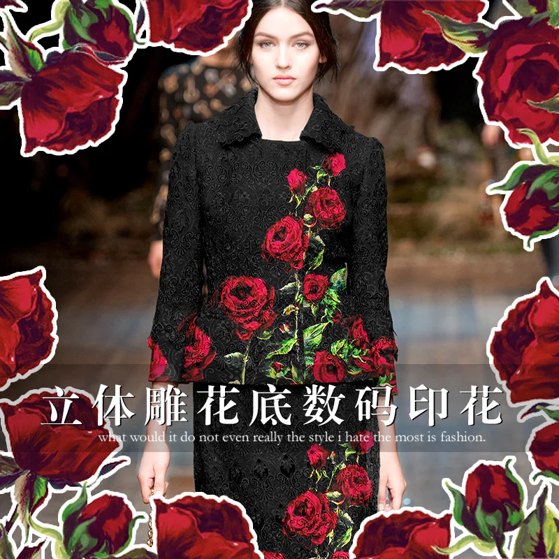 

70*140cm/Pcs Rose Senior Digital Printing Jacquard Fashion Fabric For Coat Dark Grain Crisp Tissu Au Meter Bright Cloth DIY