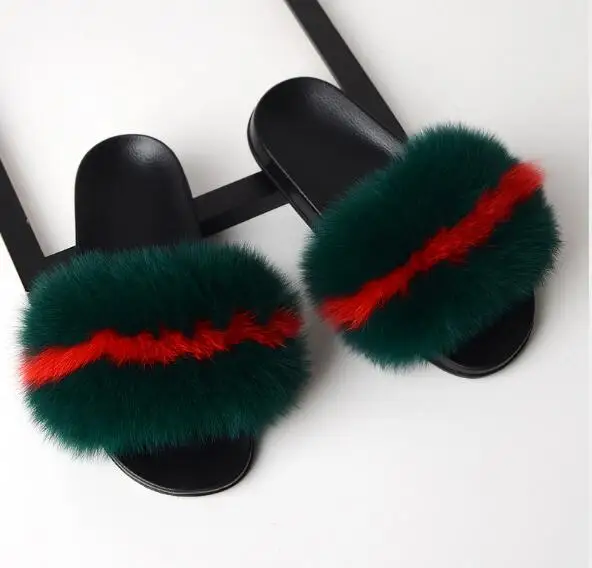 Fox Fur Mixed Тапочки из лисьего меха; женские домашние пушистые тапочки; Плюшевые Пушистые летние туфли на плоской подошве; Милая женская обувь; Лидер продаж; милая обувь; большой размер 45 - Цвет: Fox Fur Mixed