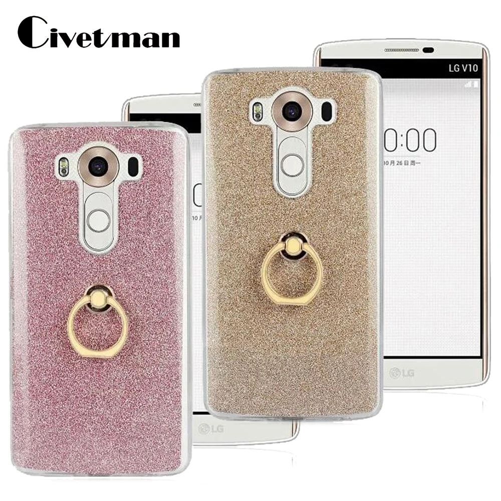 New Cover Phone Case For LG V10 V 10 5.7&quot Soft TPU Silicone Transparent Back Shell Flash Shine Glitter Powder Finger Ring Stent |