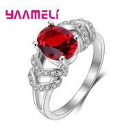 ring 925 sterling silver wedding rings for women with oval red crystal fashion cubic zirconia hollow out anillos gift