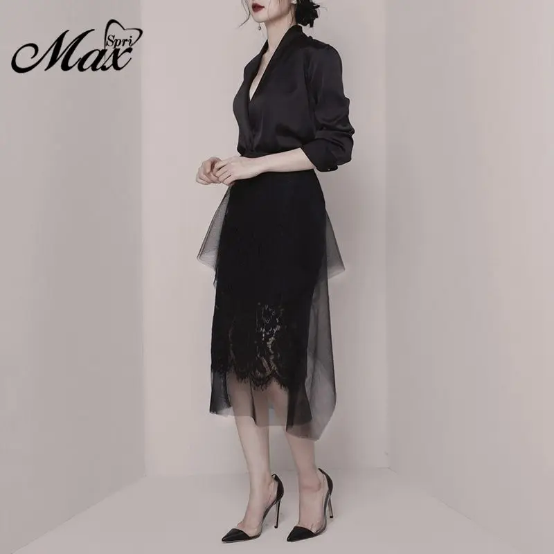 Женская блузка с длинным рукавом V-образным вырезом и сетчатой кружевной юбкой |