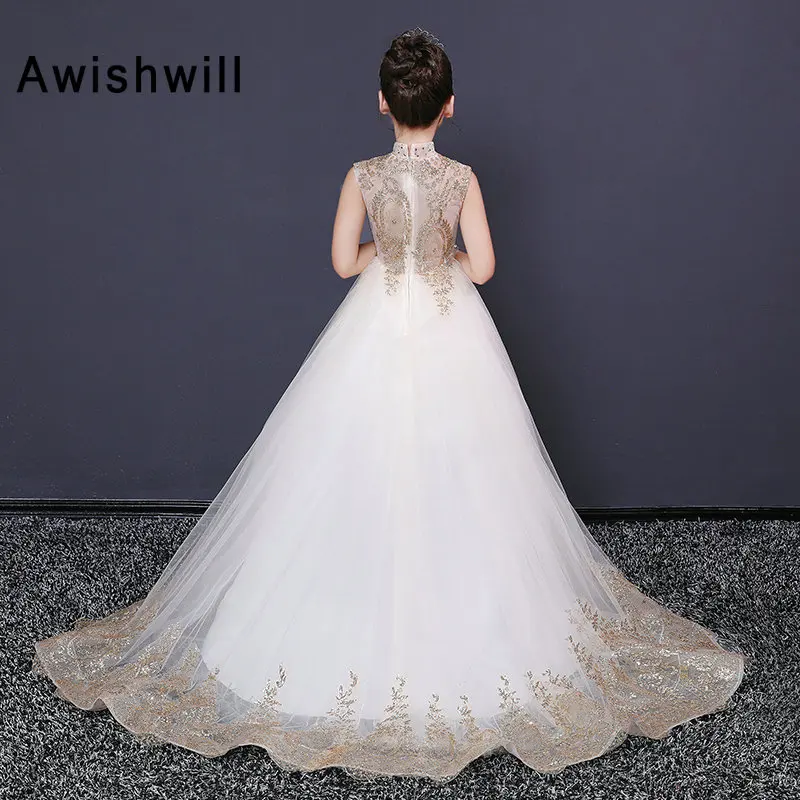 New Arrival 2020 Flower Girl Dresses High Neck Gold Lace Pagenat Dress Sleeveless Ball Gown Kids Party | Свадьбы и торжества