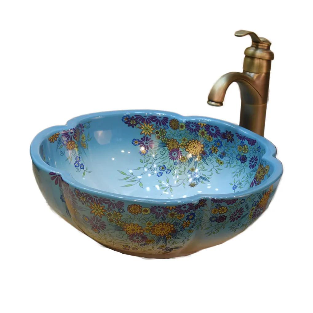Sink With Faucet Цзиндэчжэнь керамический умывальник над столешницей раковина художественная умывальник сливового типа Средиземноморский Цветок Сад LO620424 - Цвет: Sink With Faucet