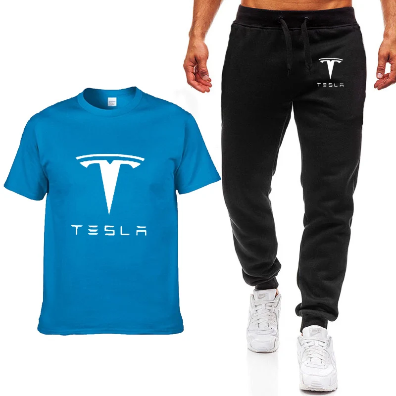Модные летние мужские футболки Tesla Car с принтом логотипа хип-хоп, повседневная хлопковая футболка с коротким рукавом высокого качества, штаны, костюм, мужская одежда