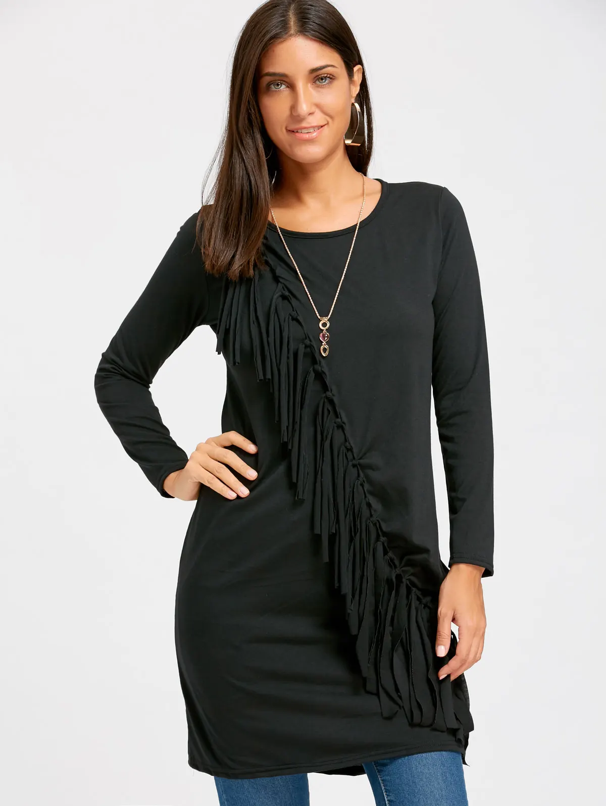 Женское платье с бахромой VESTLINDA черное Повседневное длинным рукавом и