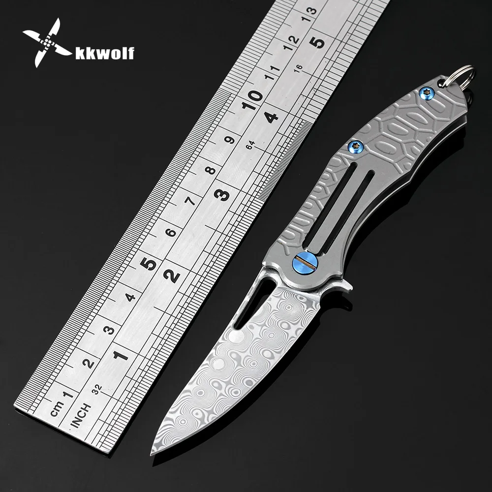 KKWOLF Дамасская сталь карманный нож Серый титановая ручка мини ключ складной нож Портативный Тактический выживания обороны EDC подарок нож