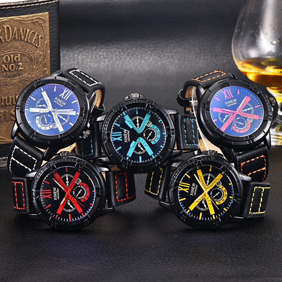 Горячая Распродажа 2018 XINEW мужские спортивные кожаные повседневные кварцевые
