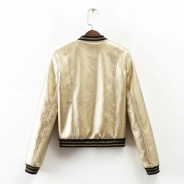 Женская кожаная куртка бомбер однобортная металлического цвета на весну 2019 для