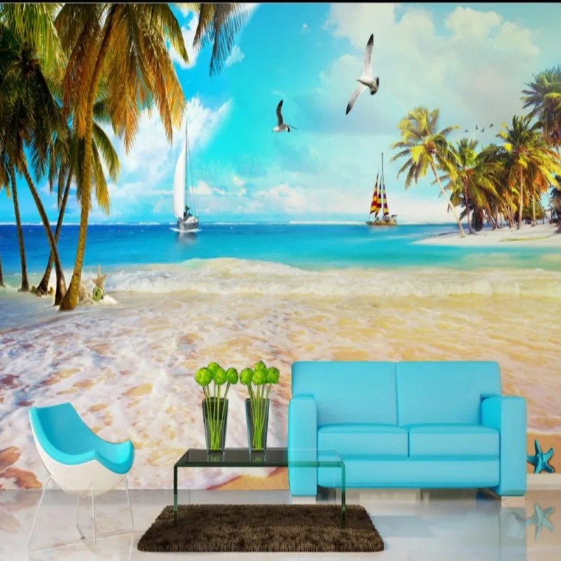 Dropship Colomac Blue Wallpaper Beach Coconut Tree Seagull Sailing Ocean Landscape Wall Mural Bedroom Wand Tapeten | Обустройство