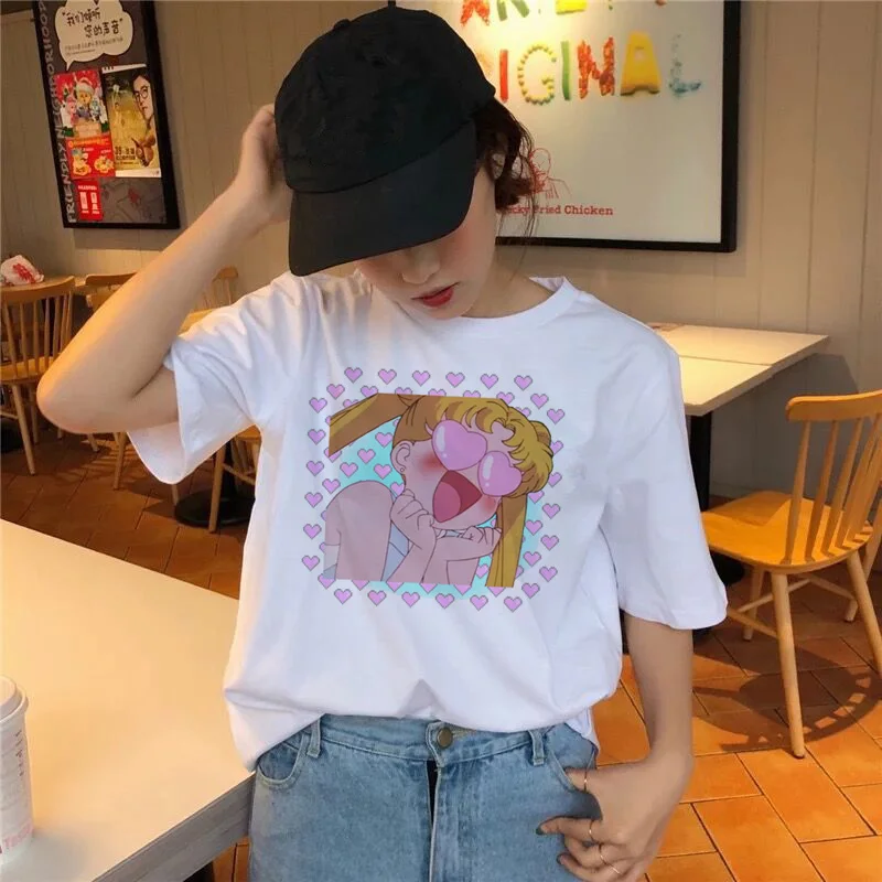 Сейлор Мун футболка Kawaii Женская летняя футболка Harajuku сладкий принт короткий рукав Ullzang футболка Женские топы футболки графический - Цвет: 2046
