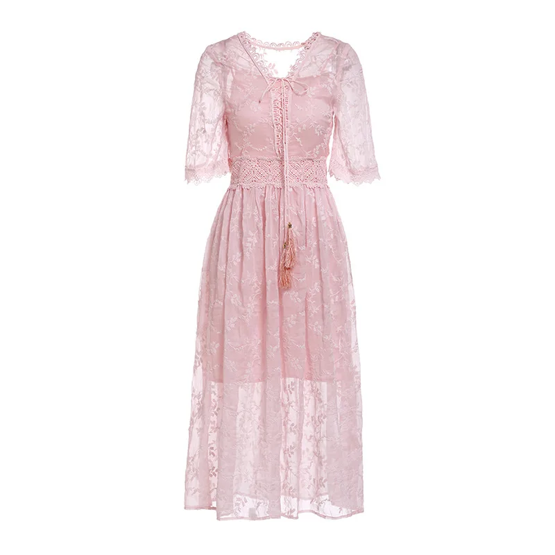 

High Quality 2019 Summer Women Dress New Temperament Embroidery Flower Lace V-neck Amazing Mesh Large Swing Ladies Casual Dress