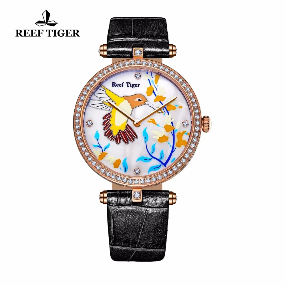 Женские часы Reef Tiger/RT кварцевые с кожаным ремешком и бриллиантами аналоговые