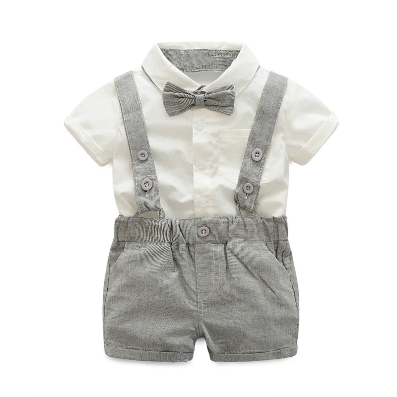 

Summer Baby Boys Clothes Sets Bowtie White Shirts+Bib Shorts Overalls 2pcs/set Handsome Gentleman Kids Casual Boy Clothes