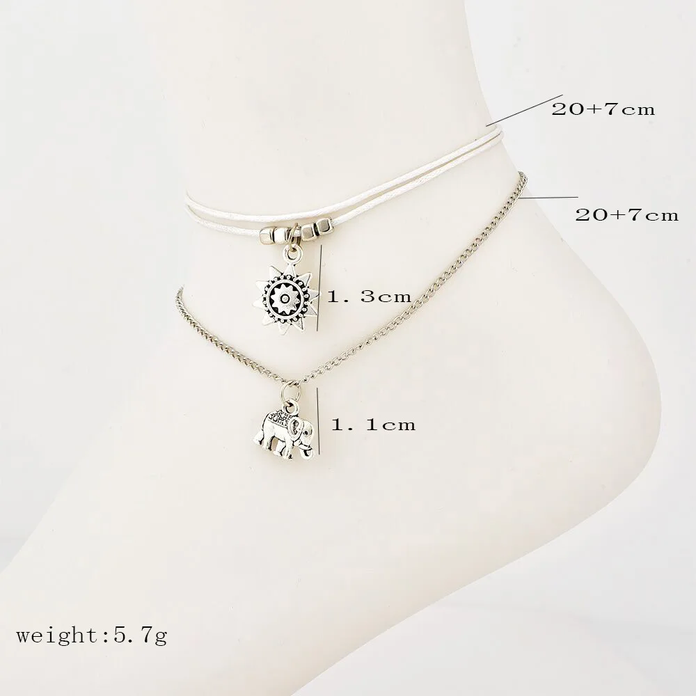 2 Pcs/Set Fashion Bohemian Elephant Tarot Double Layer Leather Anklet Jewelry Beach Accessories for Women | Украшения и