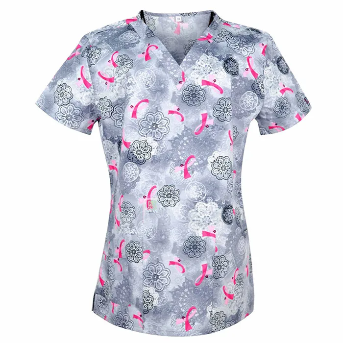 SCRUB TOP 16 Женский костюм медика с цветочным принтом, топы из хлопка, больничная медицинская униформа, v-образный вырез, летний топ для кормления, рабочая одежда - Цвет: SCRUB TOP 16