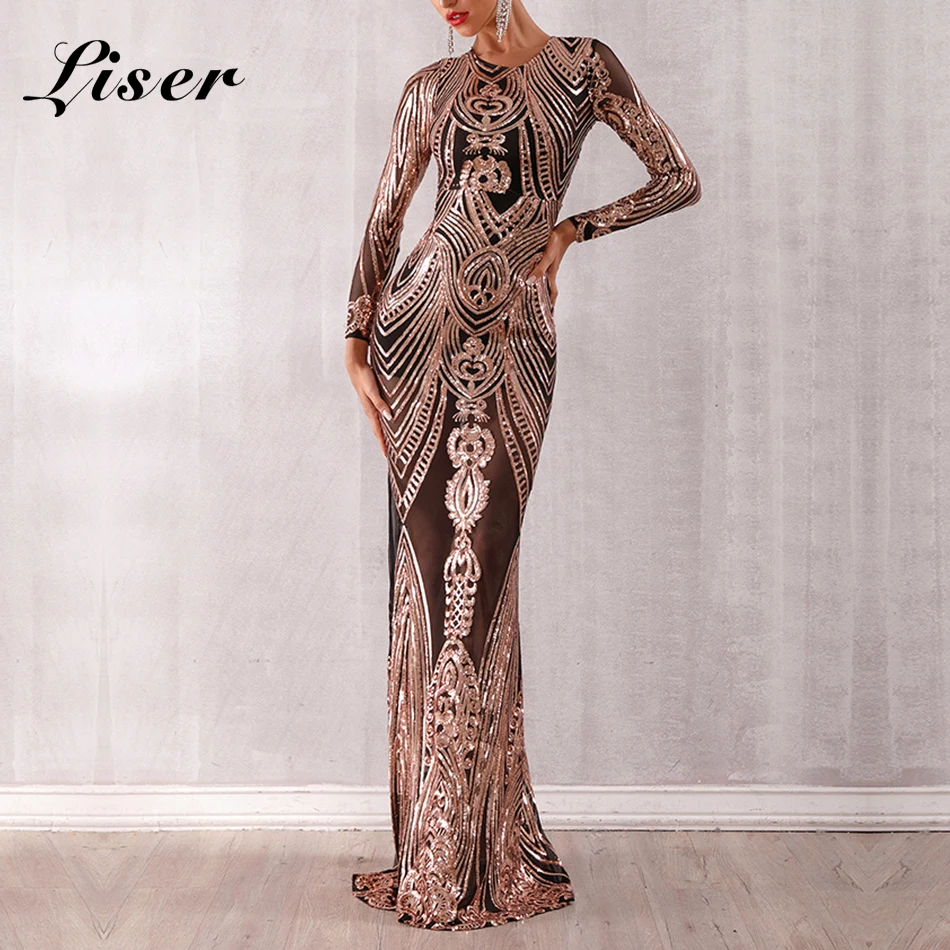 Женское платье с круглым вырезом Liser Золотое облегающее блестками для вечеринки