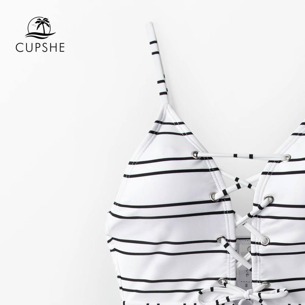 CUPSHE черно-белый полосатый Цельный купальник на шнуровке женский классический