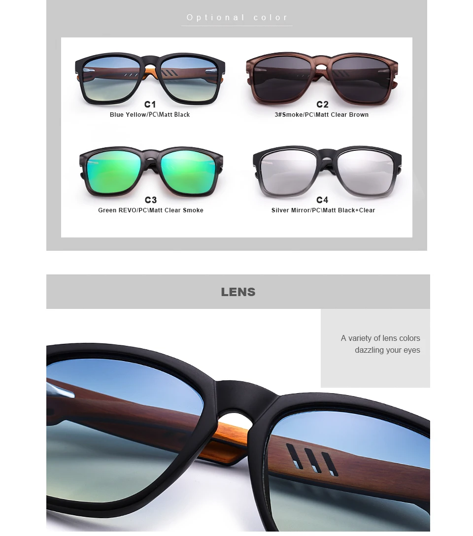 HU WOOD Brand Design Multi-color Frame Skateboard Wood Sunglasses for Men Color Gradient Lenses Driving Shade Anti-glare GR8011
