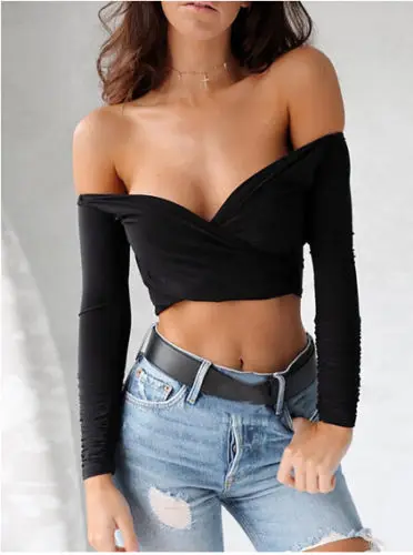 Женский укороченный топ с V образным вырезом длинным рукавом|fashion t-shirt|t-shirt fashioncasual
