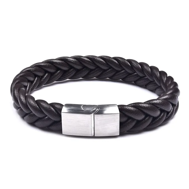 sliver brown MOGE трендовые плетеные кожаные браслеты мужские черные браслеты из нержавеющей стали с застежкой черные/коричневые браслеты с цепочкой панк-браслет - Окраска металла: sliver brown