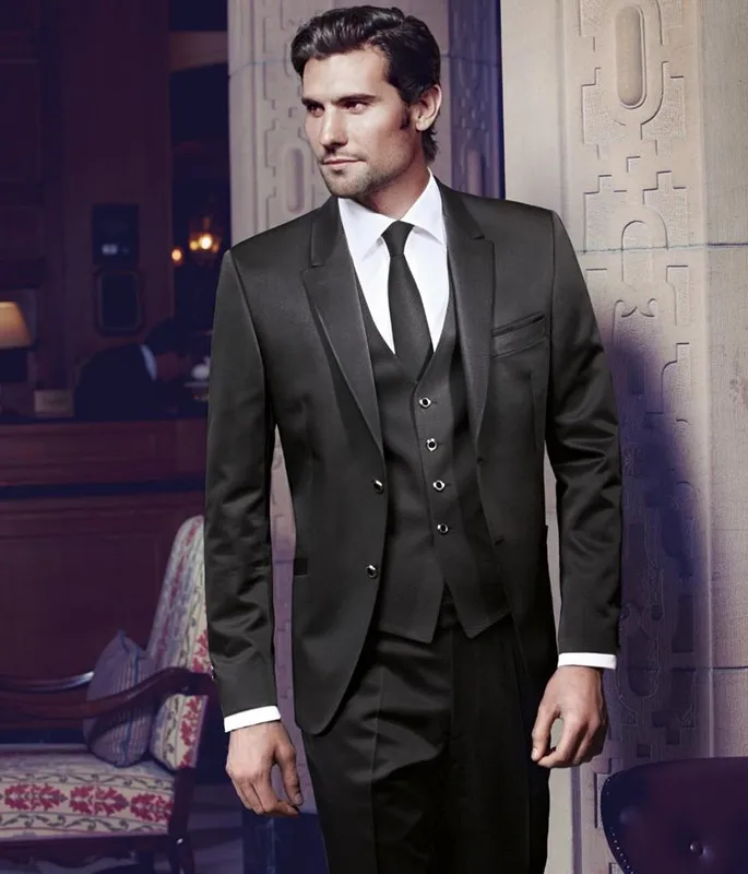 Custom made Two Buttons Black Groom Tuxedos Peak Lapel Wedding Men's Suit Bridegroom Suits (Jacket+Pant+vest+tie)