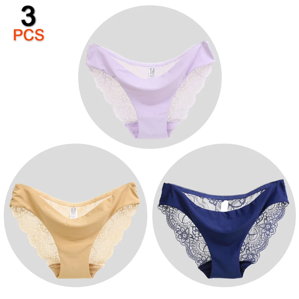 Khaki Blue Violet 3 шт./лот, сексуальные кружевные трусики, женское нижнее белье, трусы, бесшовные трусики танспарента размера плюс, нижнее белье, низкая посадка, хлопковые трусы для женщин - Цвет: Khaki Blue Violet