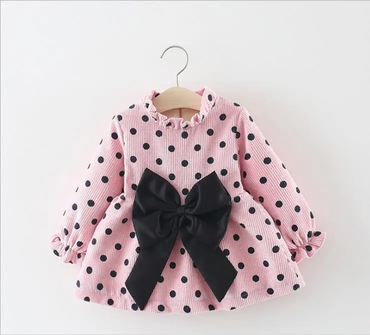 Autumn and winter new girls long-sleeved dress waist bow polka dot female baby cute A-shaped | Детская одежда и обувь